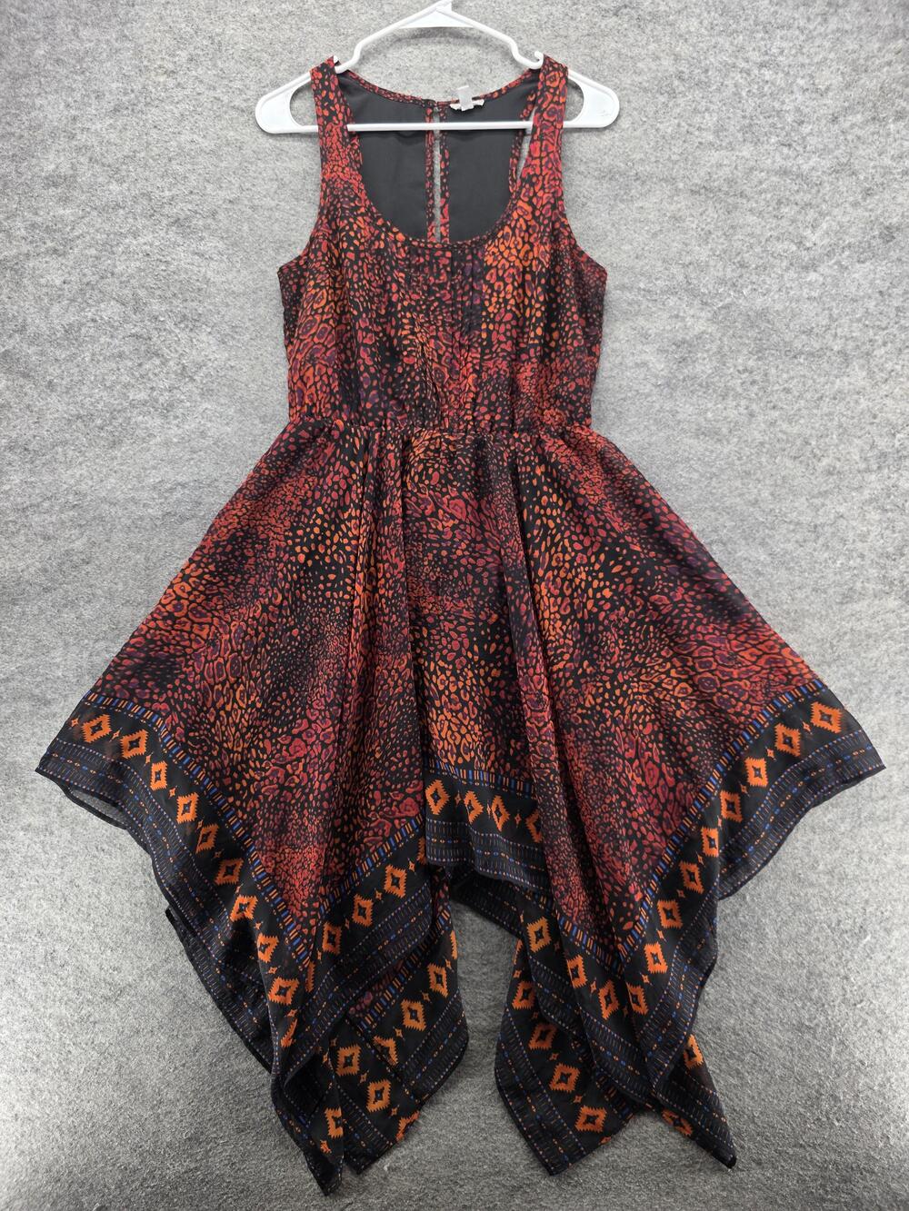 Ecote Dress Womens Medium Black Red Print Boho Handkerchief Hem Sleeveless Lined